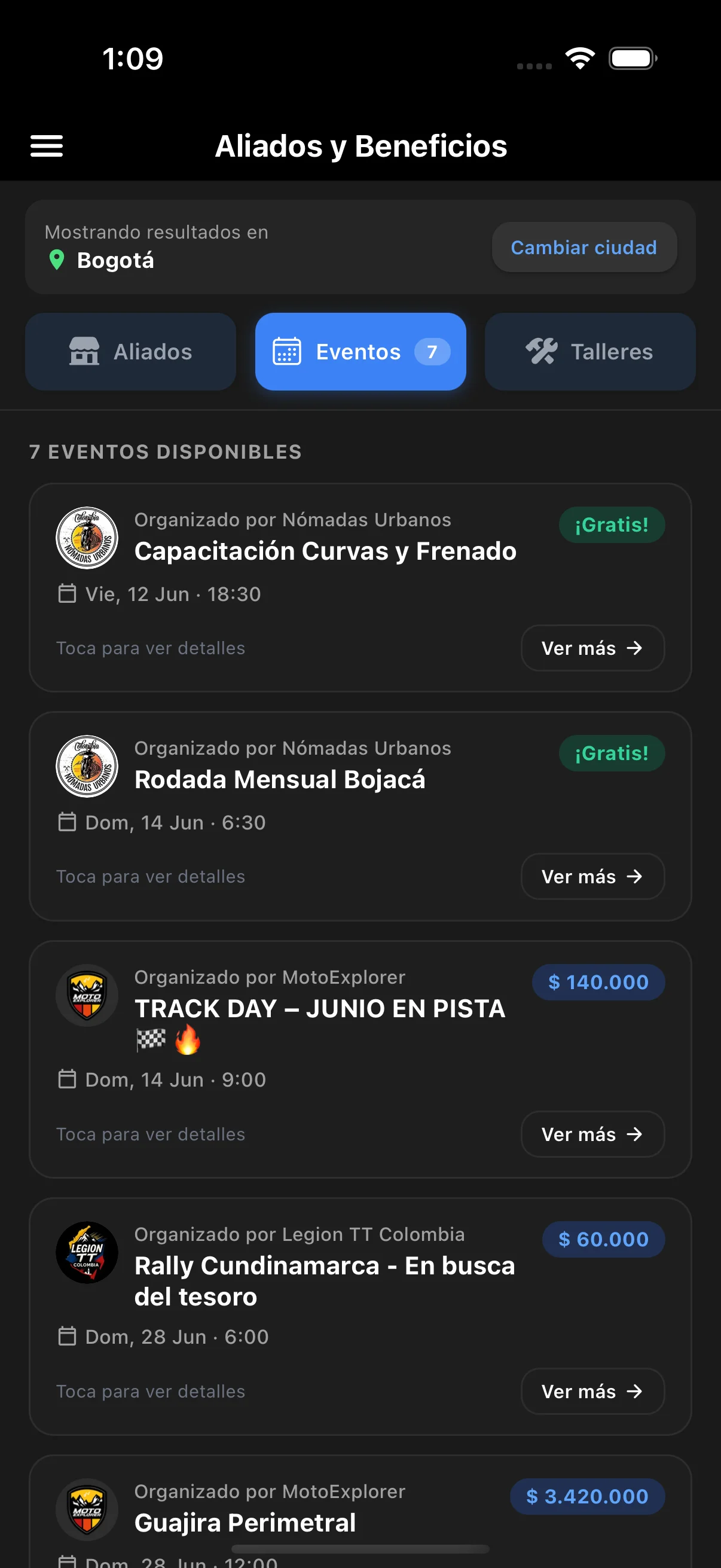 Pantalla de Aliados y Beneficios de la app RodarLibre mostrando eventos para moteros